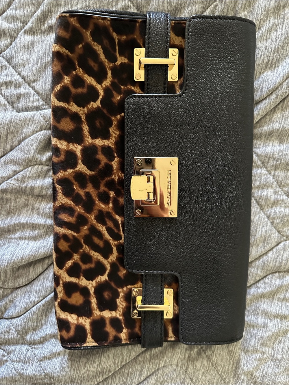 Michael Kors Black Leather and Leopard Print Clutch with Gold Hardware